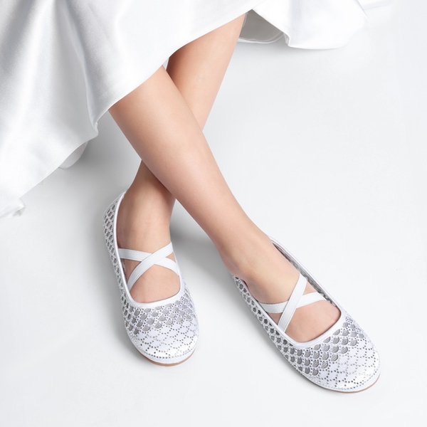 Girls Mesh Rhinestone Ballet Flats - WHITE - 1